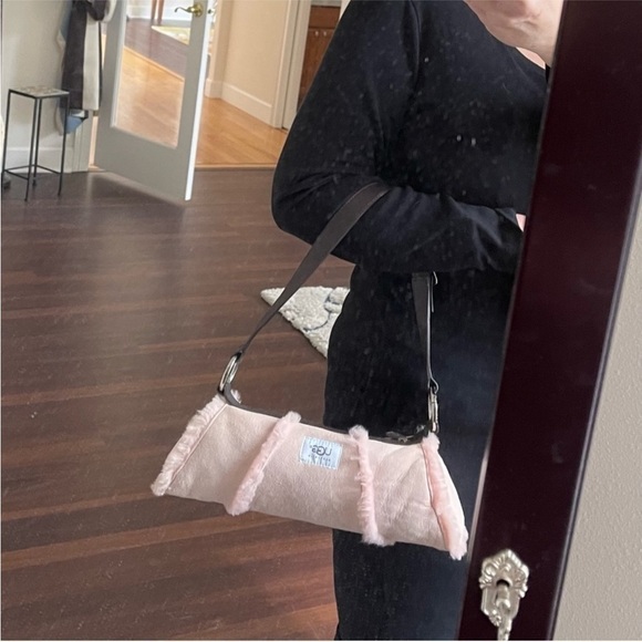 UGG Pink Suede Shoulder Purse Shearling Lined Leather Handbag Bag - Picture 2 of 14